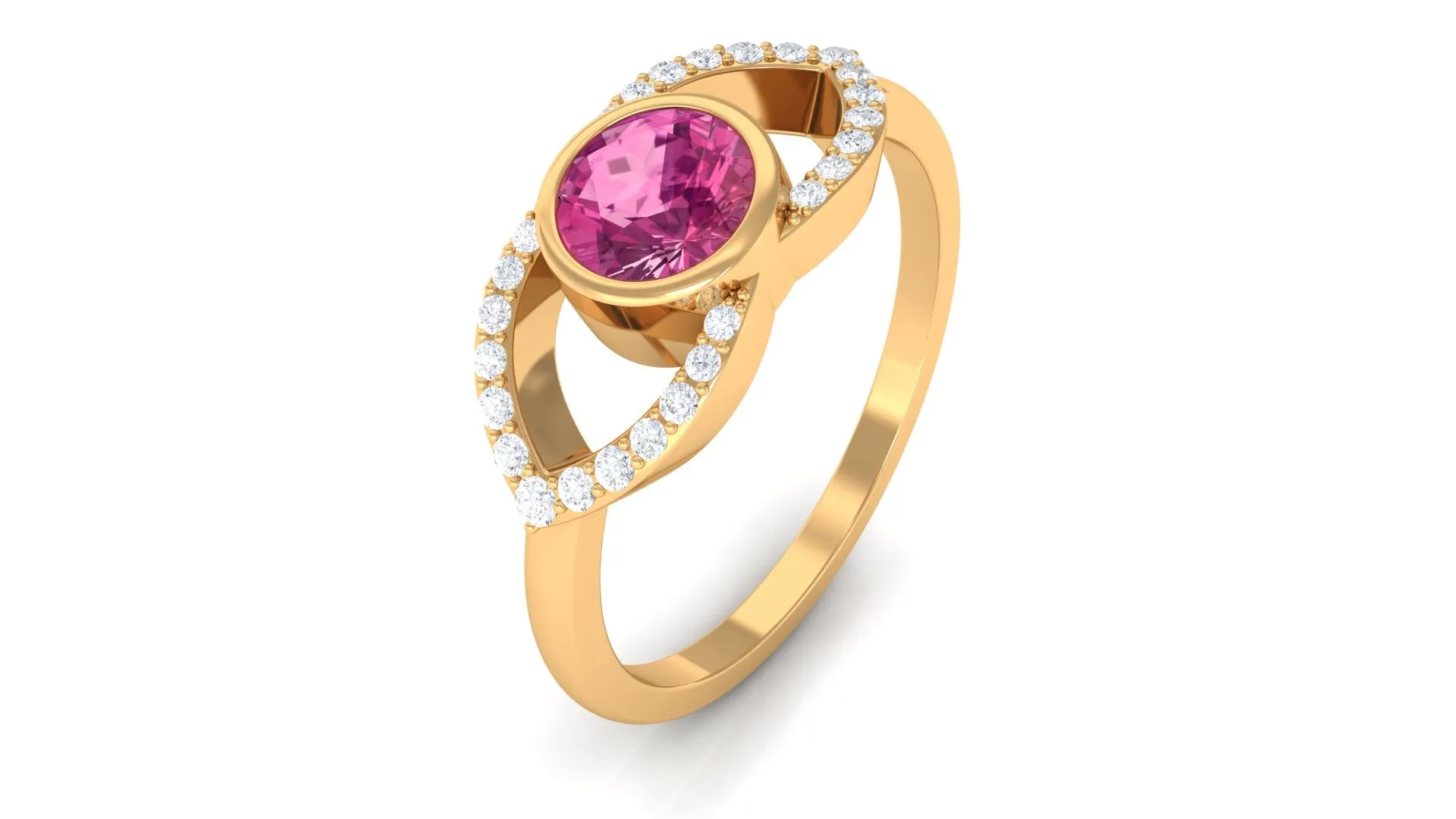 Pink Tourmaline Solitaire Split Shank Ring with Diamond