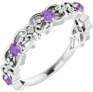 Platinum Amethyst and .02 cttw Diamond Vintage-Inspired Scroll Stackable Fashion Ring Fine Jewelry For Women Gifts For Her, Size 7