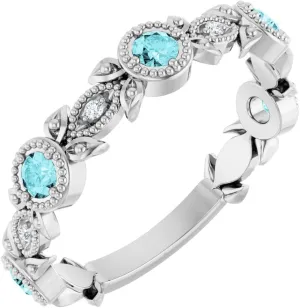 Platinum Blue Zircon and .03 cttw Diamond Accented Leaf Fashion Ring Fine Jewelry For Women Gifts For Her, Size 7