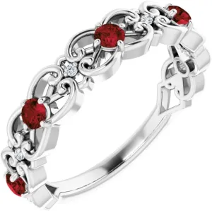 Platinum Mozambique Garnet and .02 cttw Diamond Vintage-Inspired Scroll Stackable Fashion Ring Fine Jewelry For Women Gifts For Her, Size 7