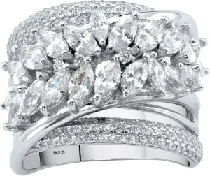 Platinum over Sterling Silver Marquise Cut Cubic Zirconia Diagonal Leaf Crossover Ring