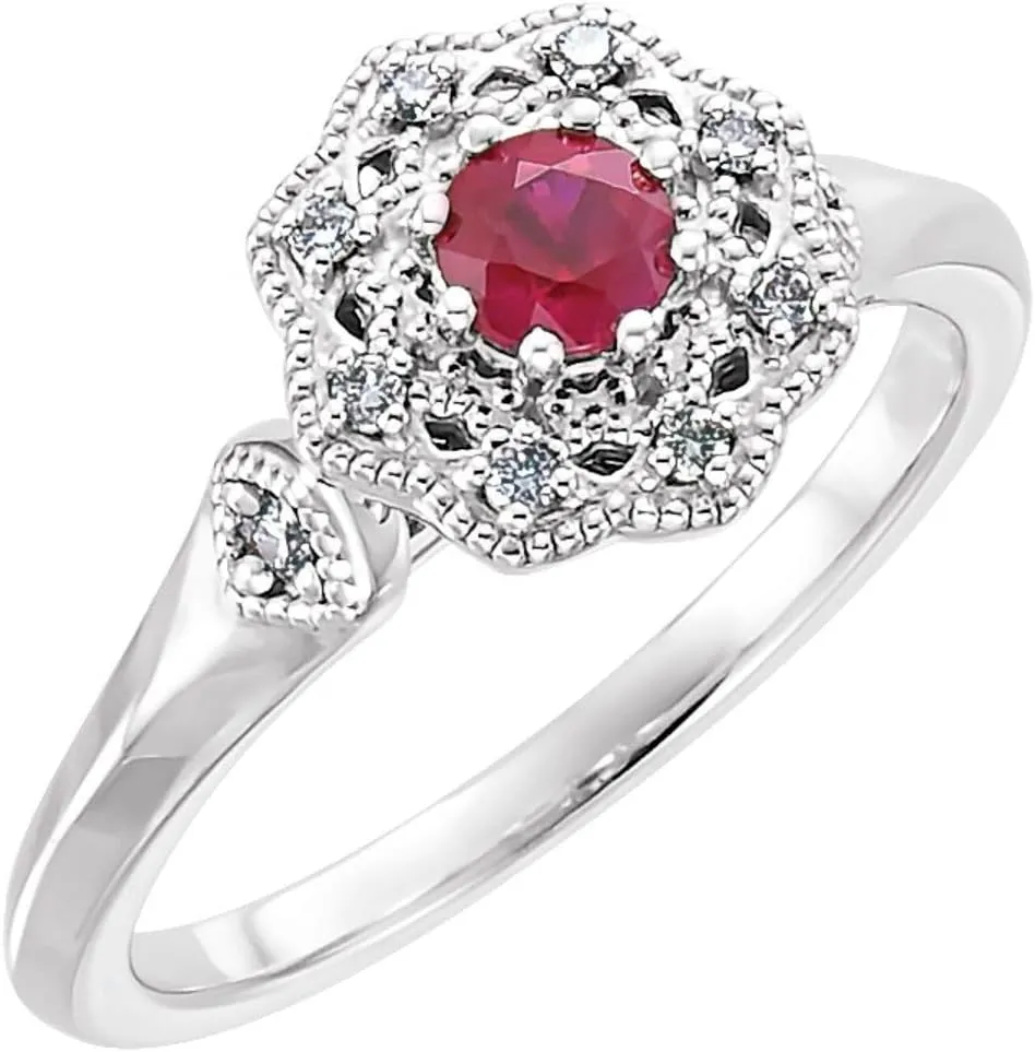 Platinum Ruby and 1/10 cttw Diamond Halo-Style Fashion Ring Fine Jewelry For Women Gifts For Her, Size 7