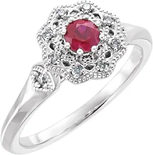 Platinum Ruby and 1/10 cttw Diamond Halo-Style Fashion Ring Fine Jewelry For Women Gifts For Her, Size 7