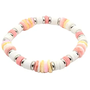 Polymer Clay Heishi and Natural Shell Stretch Bracelet - Tropical Vibes - Pink Coral Yellow White Silver for Summer Beach Boho Friendship - Handmade