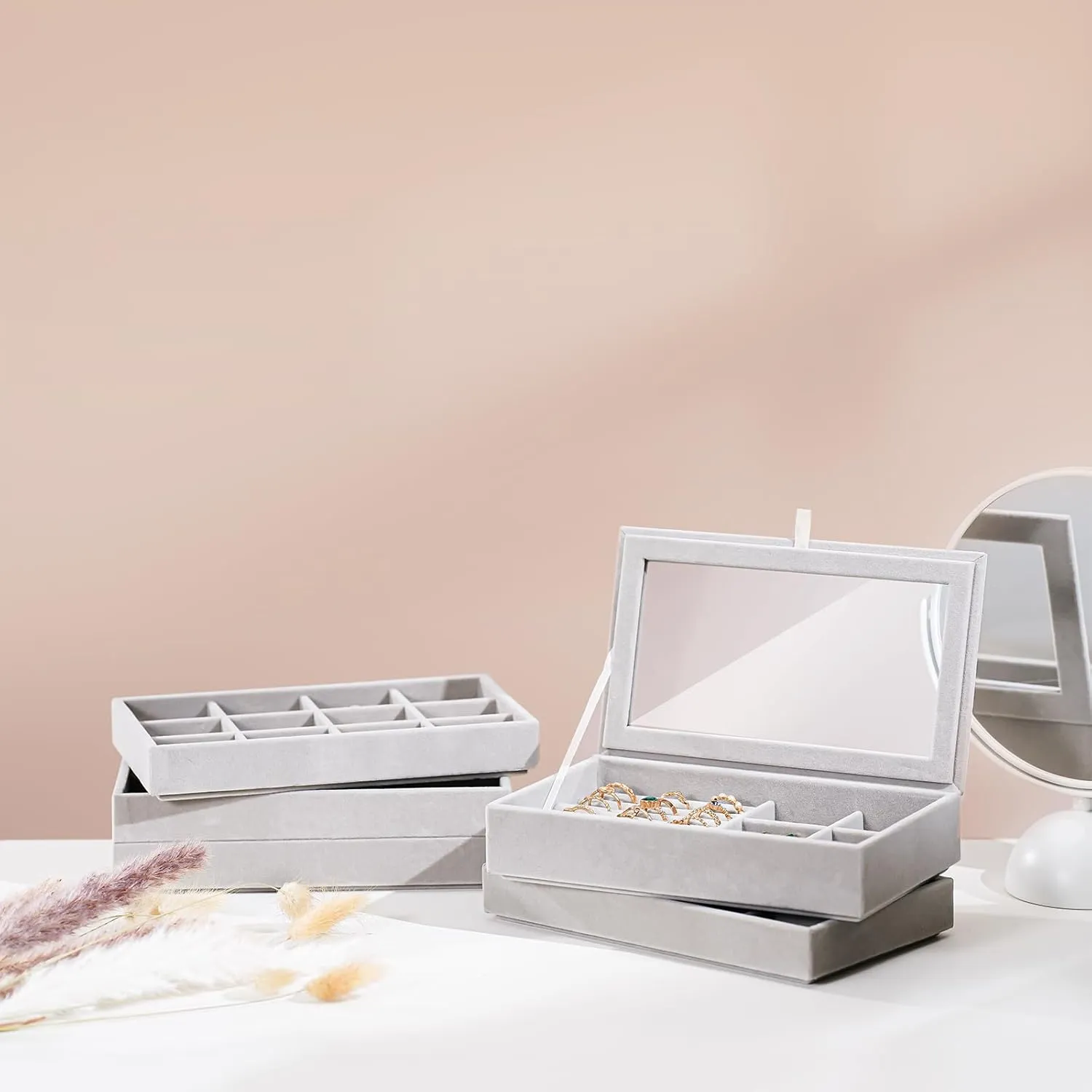 ProCase Jewelry Organizer Tray Jewelry Storage Box, Stackable Velvet Jewelry Drawer Organizer Inserts Earring Holder for Stud Earring Necklace Rings Bracelet -Grey, 5 Layers, Small