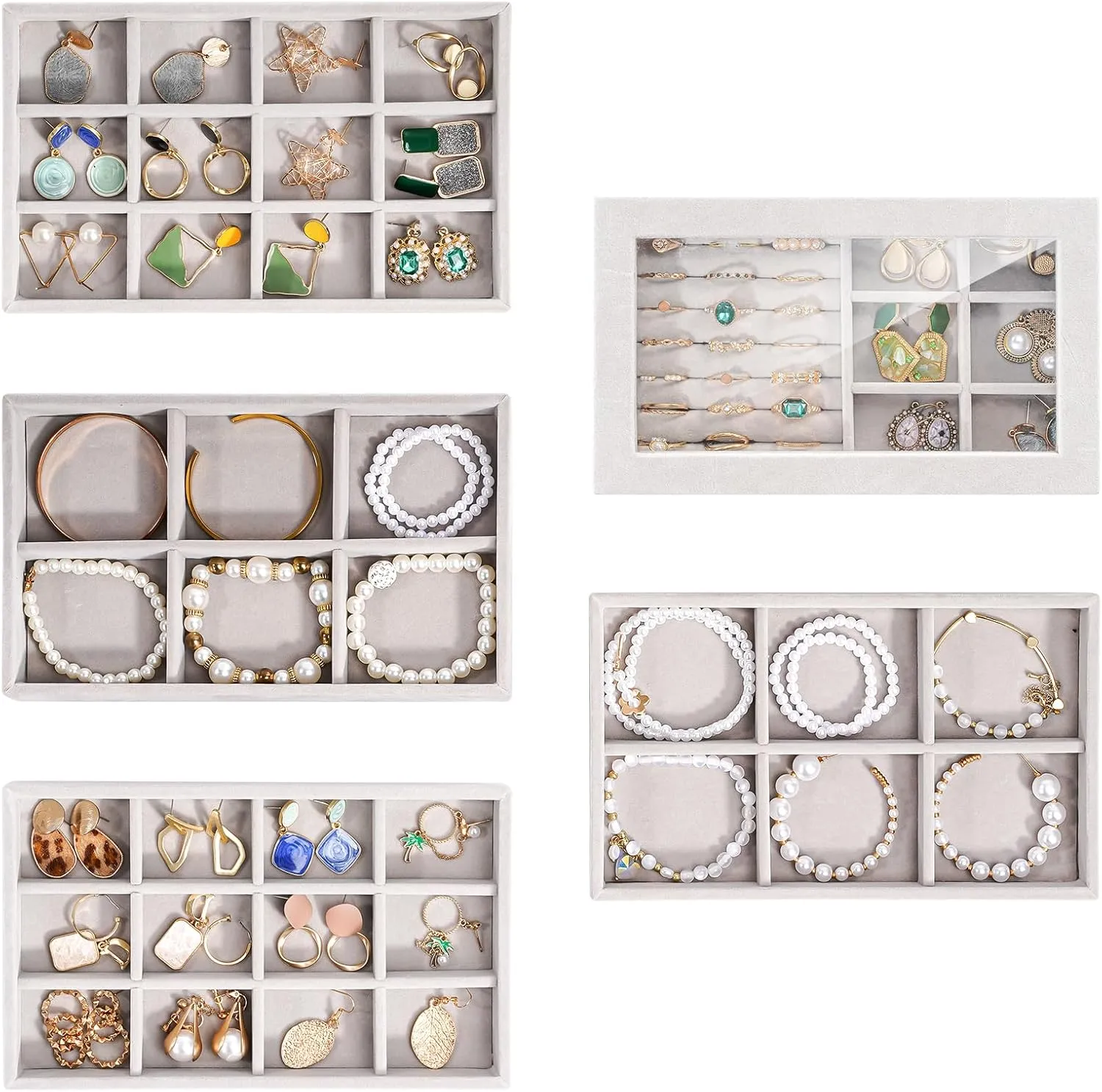 ProCase Jewelry Organizer Tray Jewelry Storage Box, Stackable Velvet Jewelry Drawer Organizer Inserts Earring Holder for Stud Earring Necklace Rings Bracelet -Grey, 5 Layers, Small
