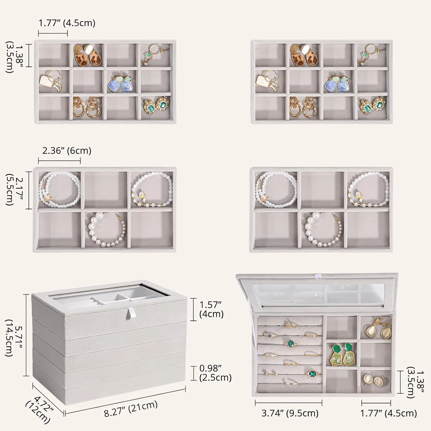 ProCase Jewelry Organizer Tray Jewelry Storage Box, Stackable Velvet Jewelry Drawer Organizer Inserts Earring Holder for Stud Earring Necklace Rings Bracelet -Grey, 5 Layers, Small