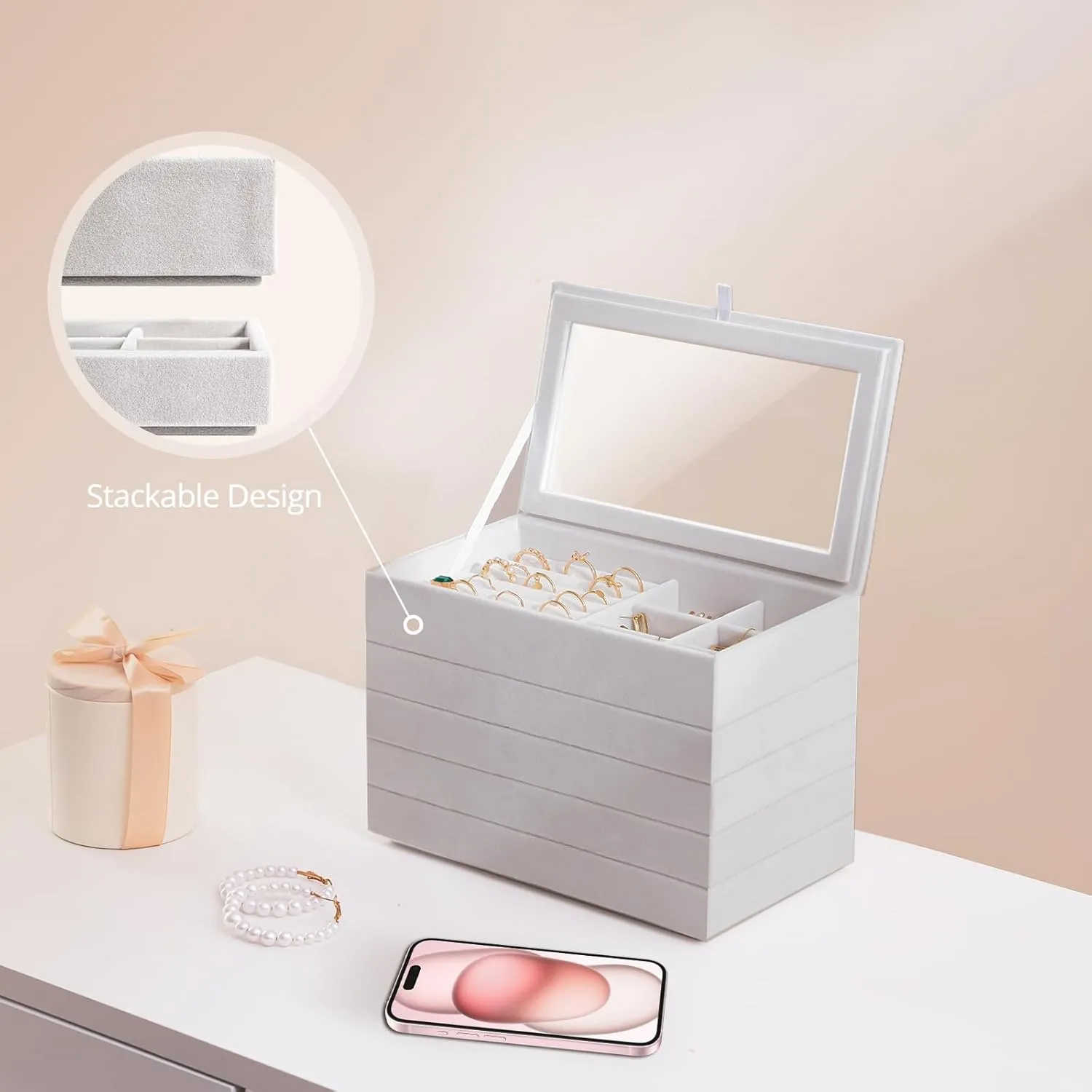 ProCase Jewelry Organizer Tray Jewelry Storage Box, Stackable Velvet Jewelry Drawer Organizer Inserts Earring Holder for Stud Earring Necklace Rings Bracelet -Grey, 5 Layers, Small