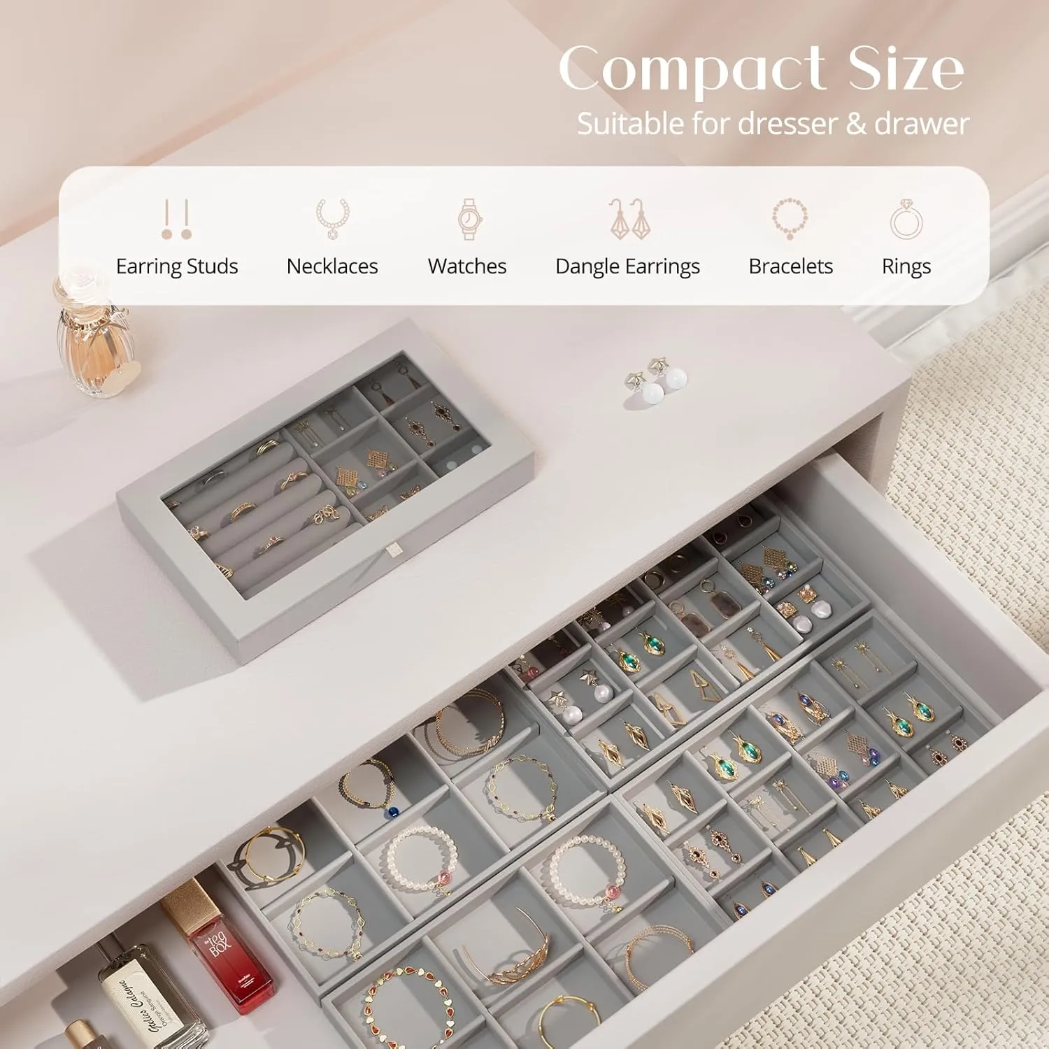 ProCase Jewelry Organizer Tray Jewelry Storage Box, Stackable Velvet Jewelry Drawer Organizer Inserts Earring Holder for Stud Earring Necklace Rings Bracelet -Grey, 5 Layers, Small