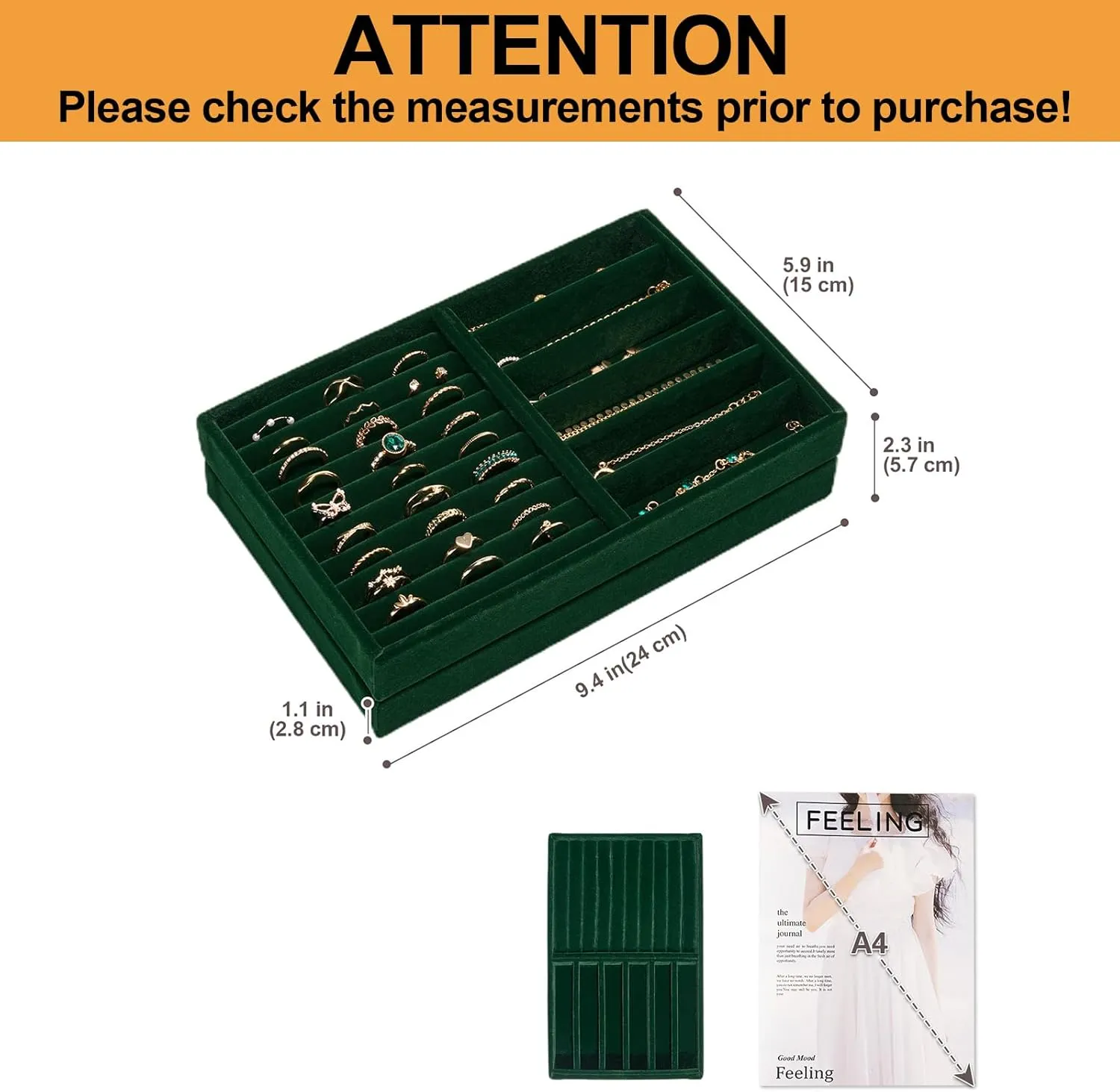 ProCase Stackable Jewelry Organizer Trays for Drawers, Jewelry Drawer Inserts Container Display Case Storage for Earring Necklace Rings Bracelet with Removable Dividers -Green, 2 Layers, Medium