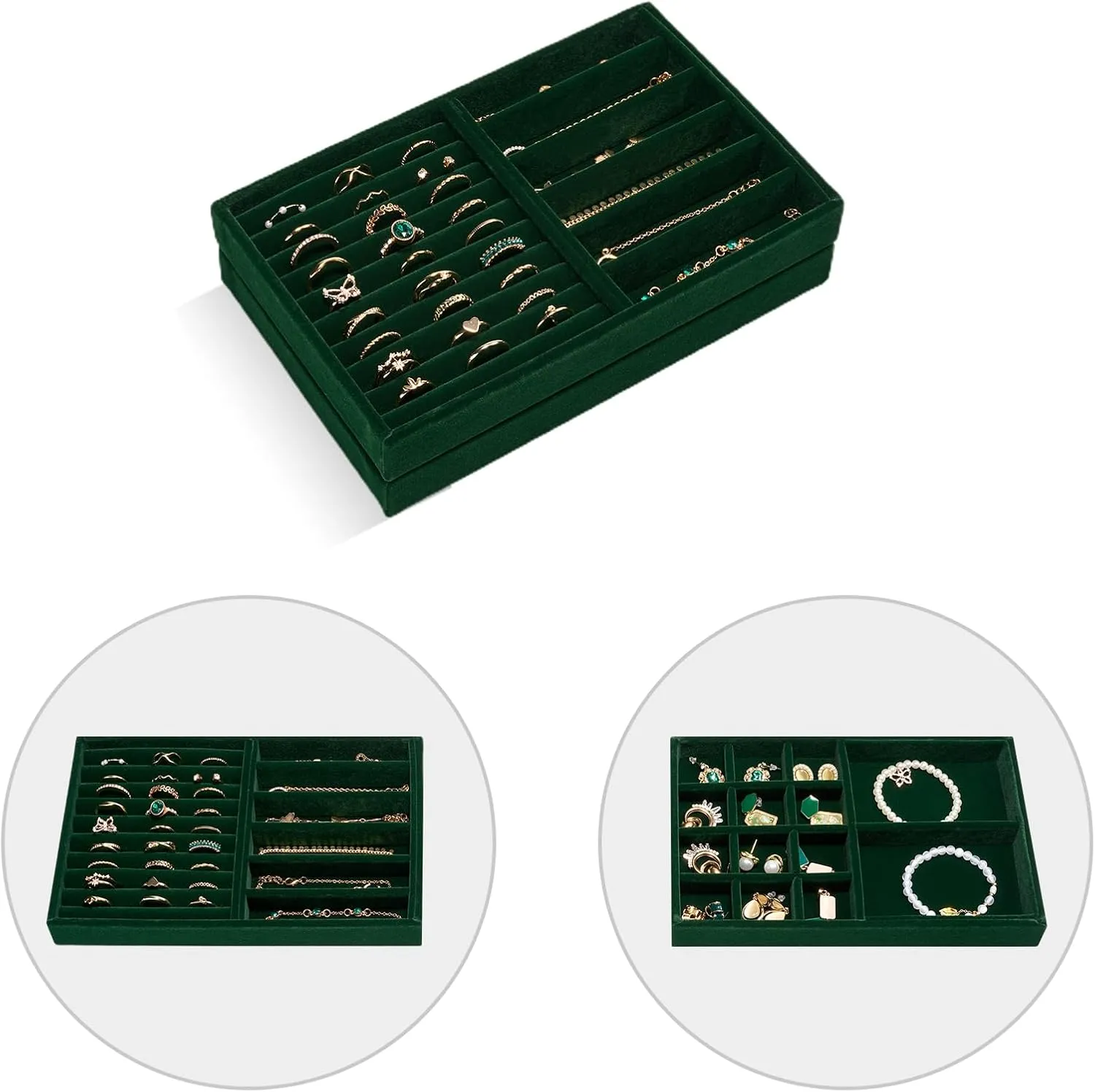 ProCase Stackable Jewelry Organizer Trays for Drawers, Jewelry Drawer Inserts Container Display Case Storage for Earring Necklace Rings Bracelet with Removable Dividers -Green, 2 Layers, Medium