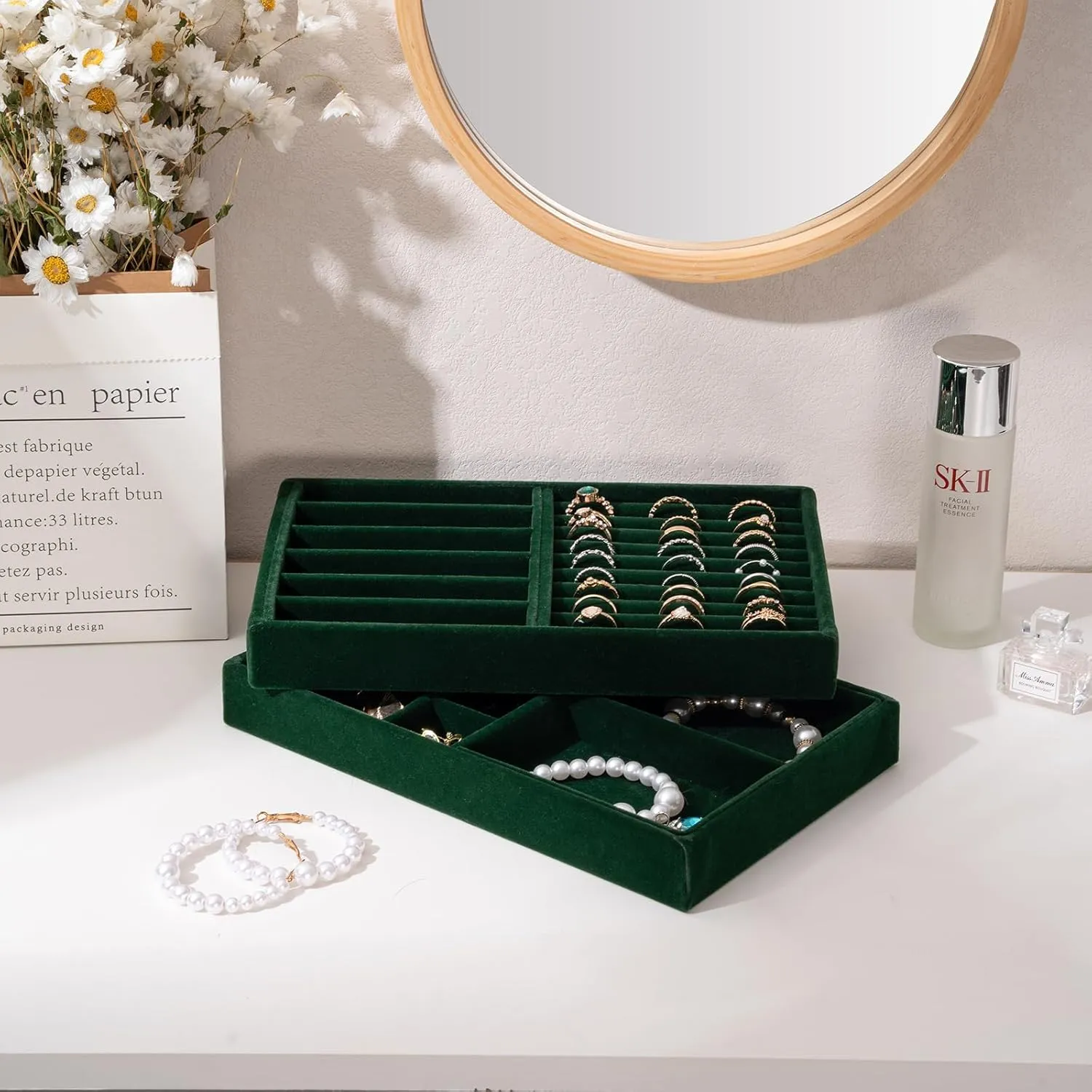 ProCase Stackable Jewelry Organizer Trays for Drawers, Jewelry Drawer Inserts Container Display Case Storage for Earring Necklace Rings Bracelet with Removable Dividers -Green, 2 Layers, Medium