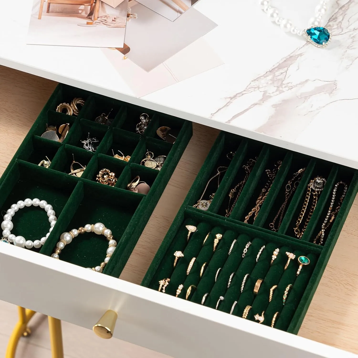 ProCase Stackable Jewelry Organizer Trays for Drawers, Jewelry Drawer Inserts Container Display Case Storage for Earring Necklace Rings Bracelet with Removable Dividers -Green, 2 Layers, Medium