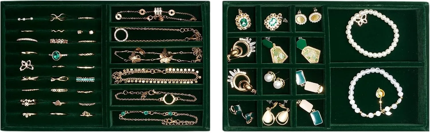 ProCase Stackable Jewelry Organizer Trays for Drawers, Jewelry Drawer Inserts Container Display Case Storage for Earring Necklace Rings Bracelet with Removable Dividers -Green, 2 Layers, Medium