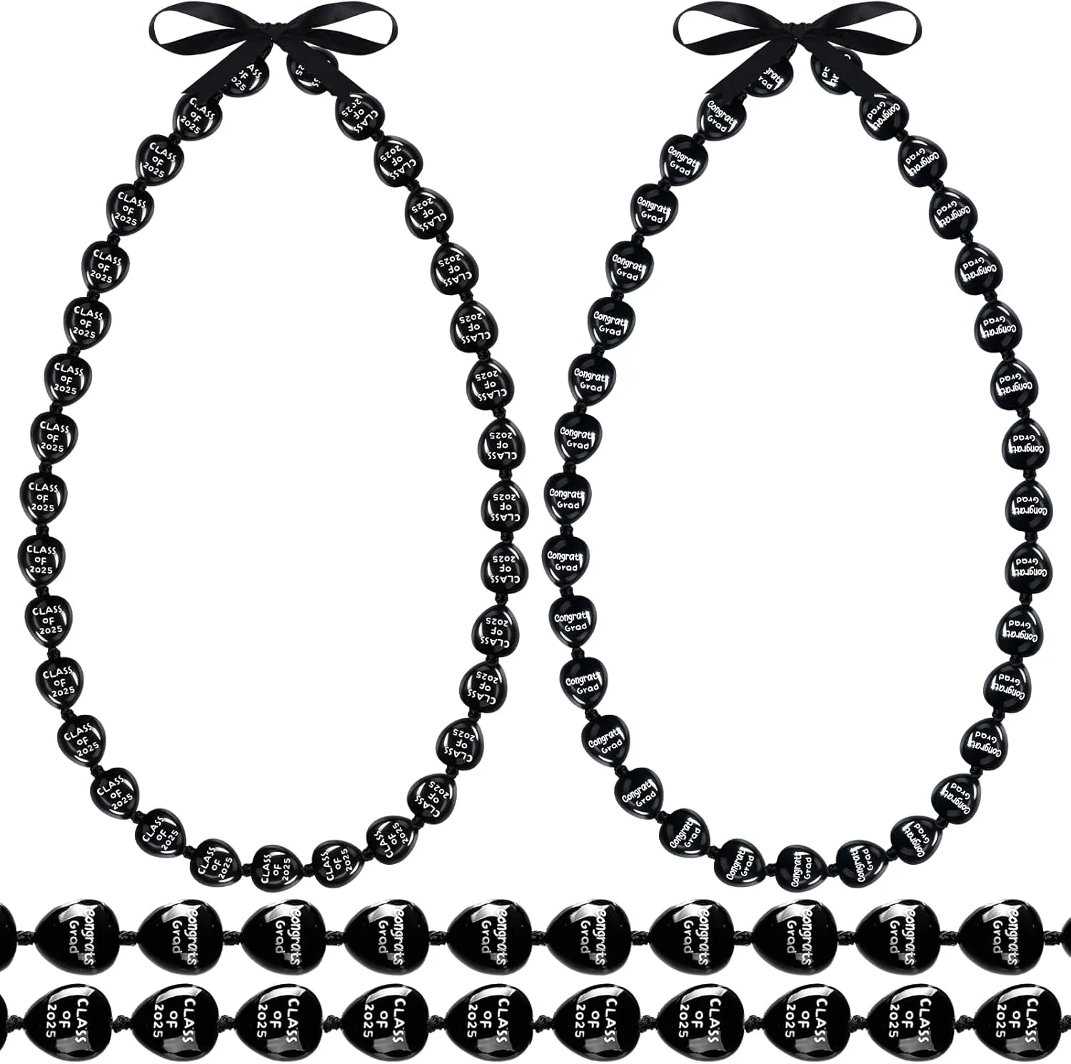 Qunclay 2 Pcs Kukui Nut Lei Graduation Necklace with Bow Ribbon Black Hawaiian Necklace Hand Painted 2025 Graduation Congrats Gift Tiki Luau Party Accessories for Women Men