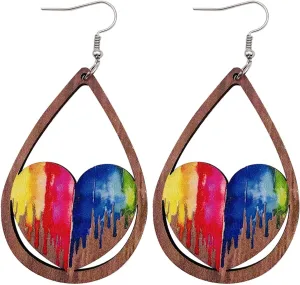 Rainbow Heart Flag Love LGBT Wooden Dangle Earrings Colorful Pride Wood Earrings for Women Girls Jewelry
