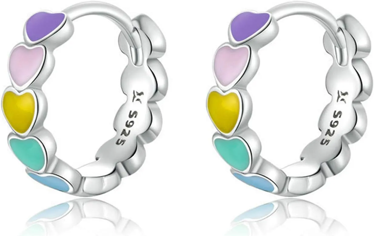 Rainbow Heart Hoop Earrings, 925 Sterling Silver Hoop Earrings Rainbow Color Enamel Heart Huggie Hoop Earrings for Women Simple Style Earring