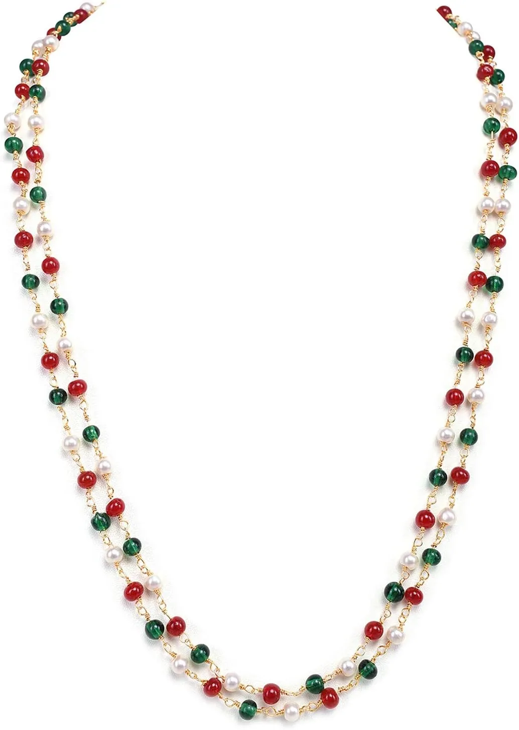 Ratnavali Jewels Red Green White Color Pearl Beads Stone Strand Fashion Necklace Women