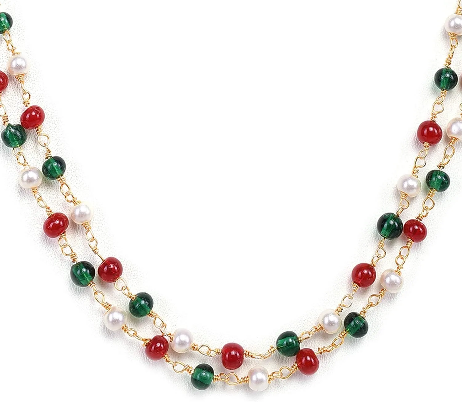 Ratnavali Jewels Red Green White Color Pearl Beads Stone Strand Fashion Necklace Women