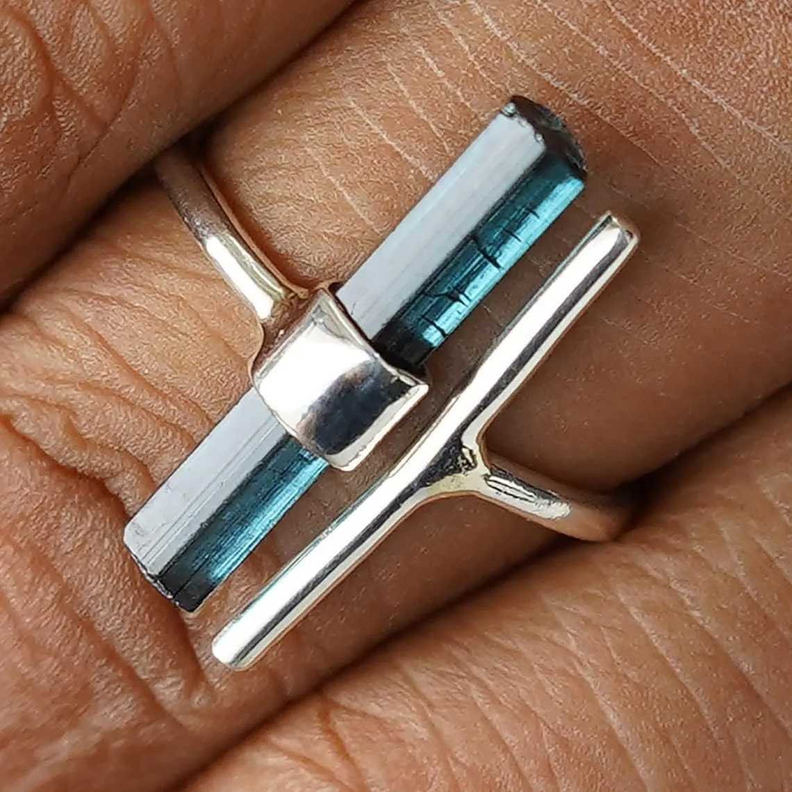 Raw Aquamarine Ring Adjustable Aqua Silver Stick Ring Natural Gemstone 925 Solid Sterling Silver Handmade March Birthstone Jewelry Ring