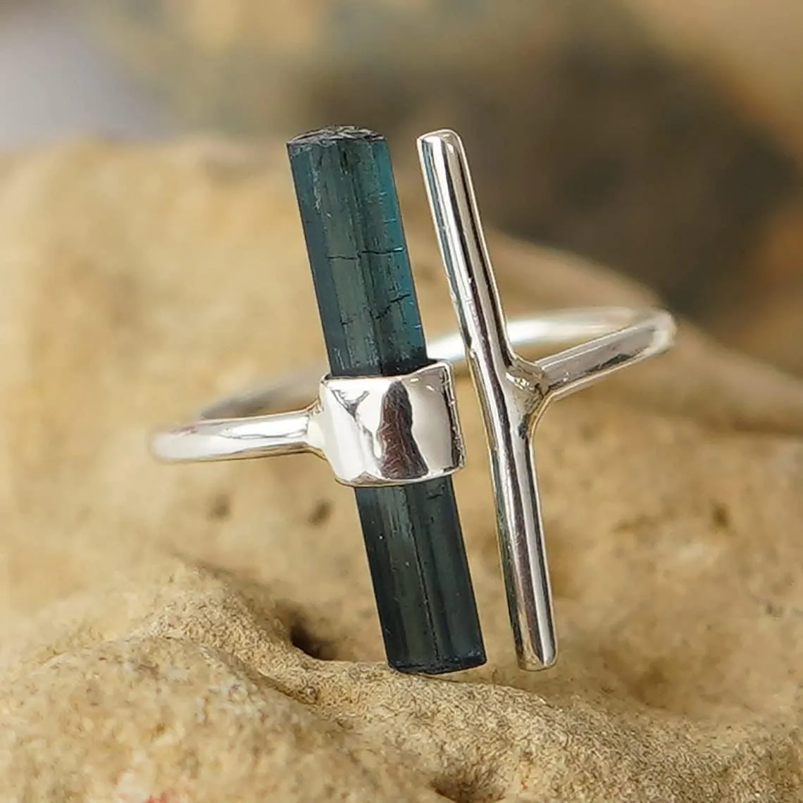 Raw Aquamarine Ring Adjustable Aqua Silver Stick Ring Natural Gemstone 925 Solid Sterling Silver Handmade March Birthstone Jewelry Ring