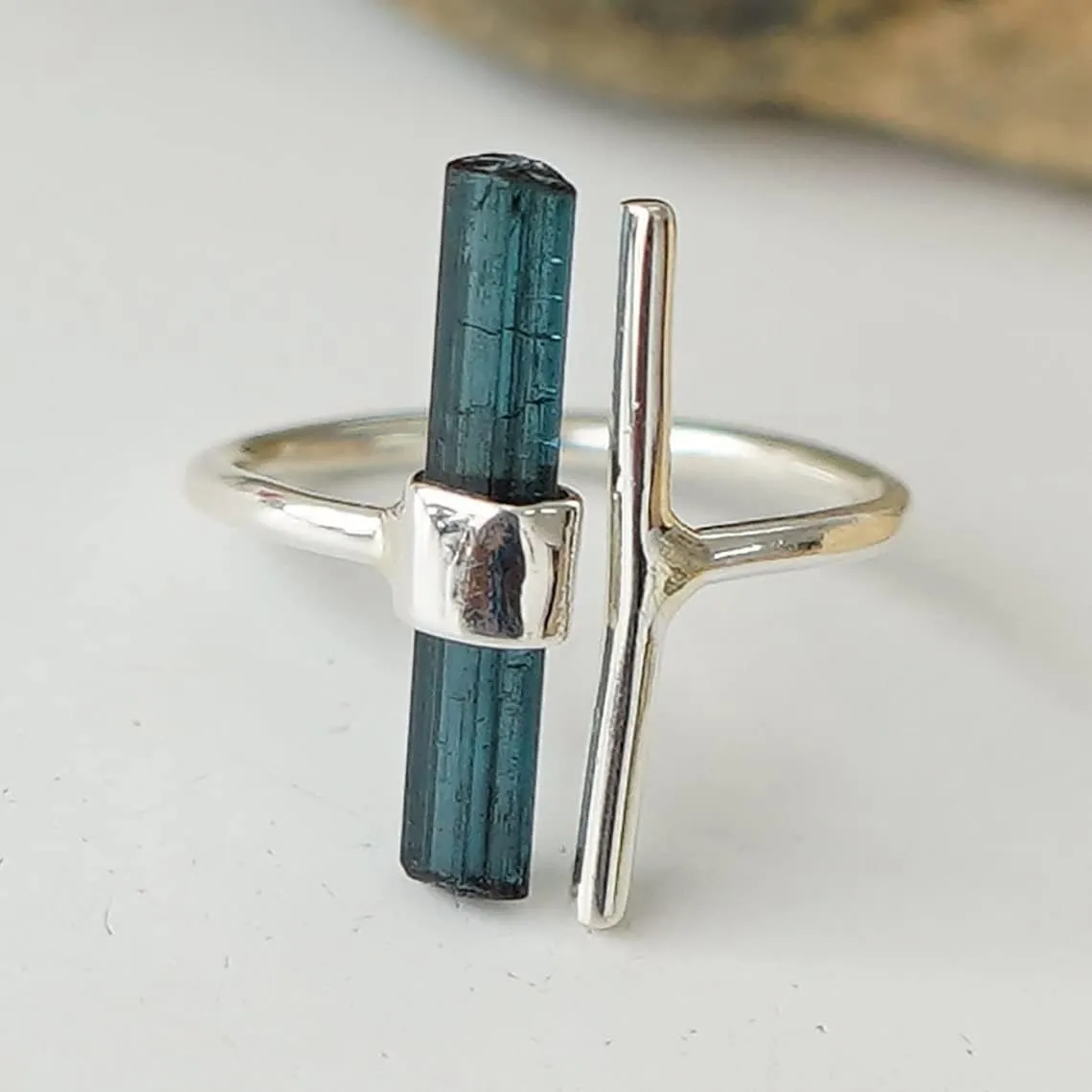 Raw Aquamarine Ring Adjustable Aqua Silver Stick Ring Natural Gemstone 925 Solid Sterling Silver Handmade March Birthstone Jewelry Ring