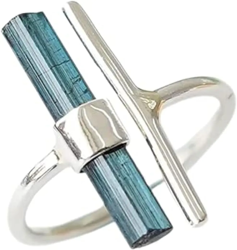 Raw Aquamarine Ring Adjustable Aqua Silver Stick Ring Natural Gemstone 925 Solid Sterling Silver Handmade March Birthstone Jewelry Ring