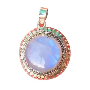 Real 925 Sterling Silver Pendant for Women Men, Genuine Rainbow Moonstone Round Gemstone Unique Handcrafted june Birthstone Jewelry
