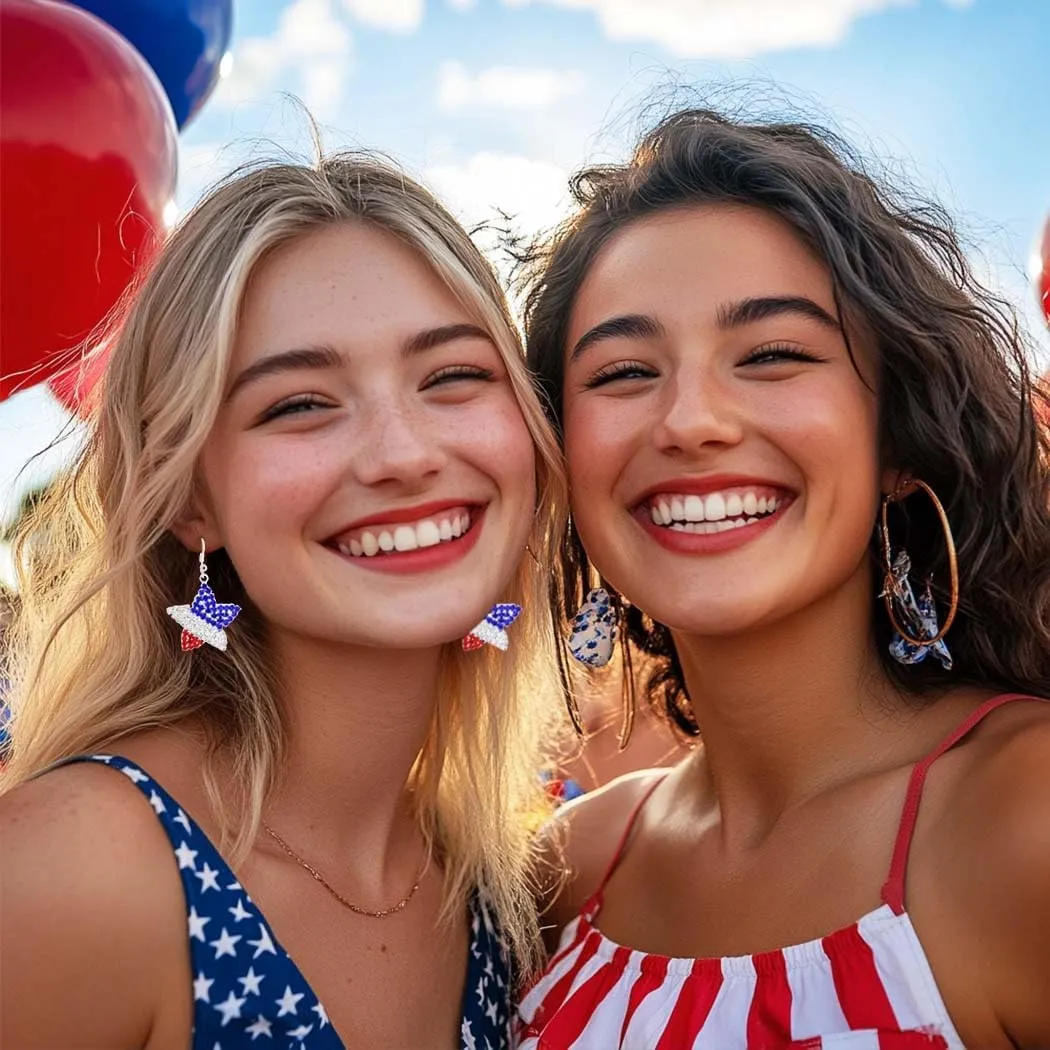 Red Blue White Earrings Sparkly Rhinestone American Earrings Dangle Independence Day Patriotic Earring 4th of July Earring for Women