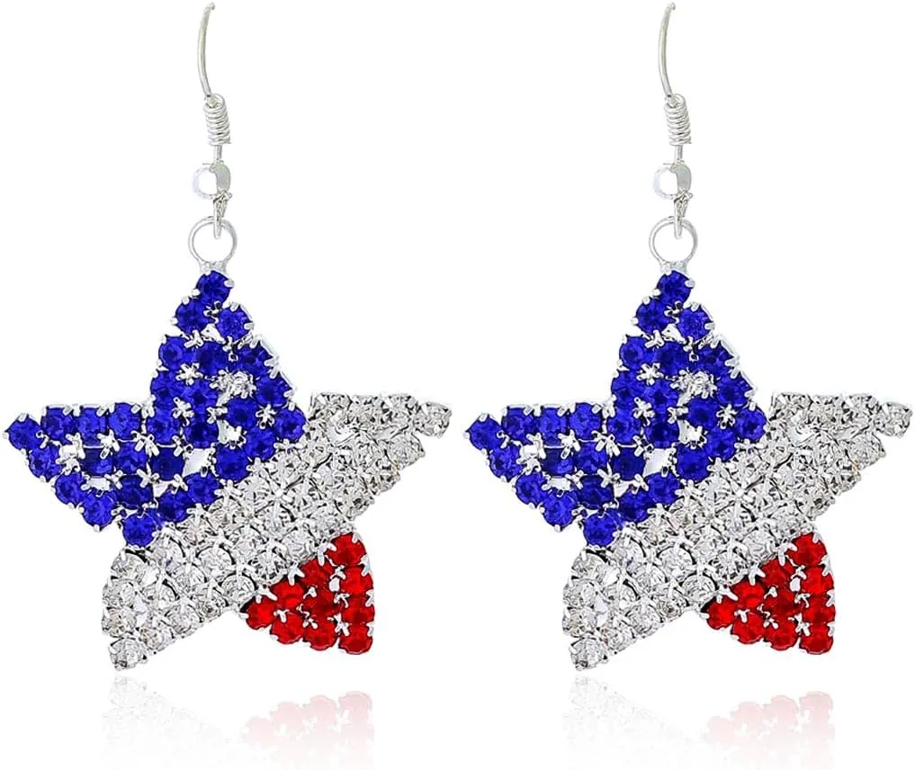 Red Blue White Earrings Sparkly Rhinestone American Earrings Dangle Independence Day Patriotic Earring 4th of July Earring for Women