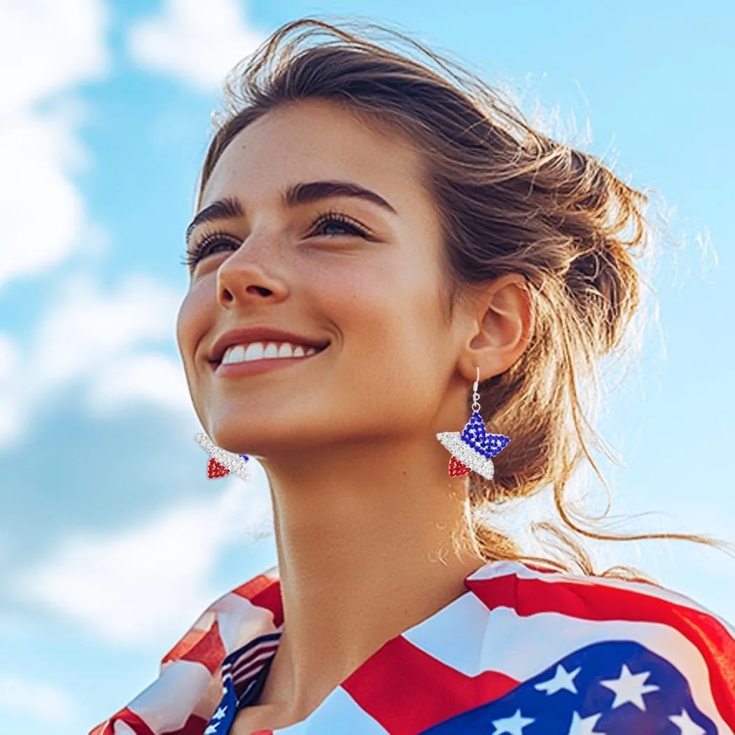 Red Blue White Earrings Sparkly Rhinestone American Earrings Dangle Independence Day Patriotic Earring 4th of July Earring for Women