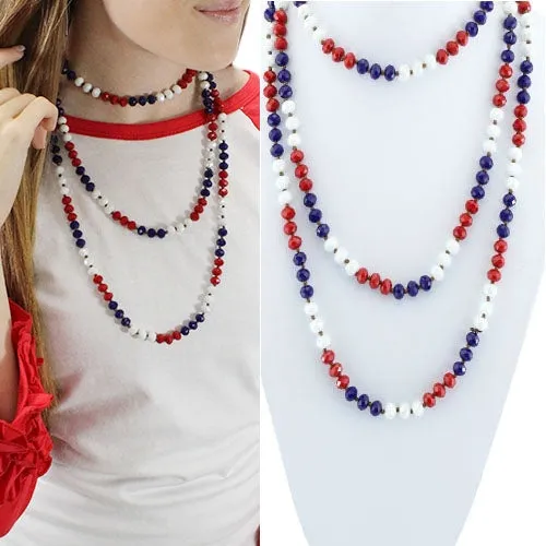 Red, White, & Blue Crystal Beaded 60" Layering Necklace