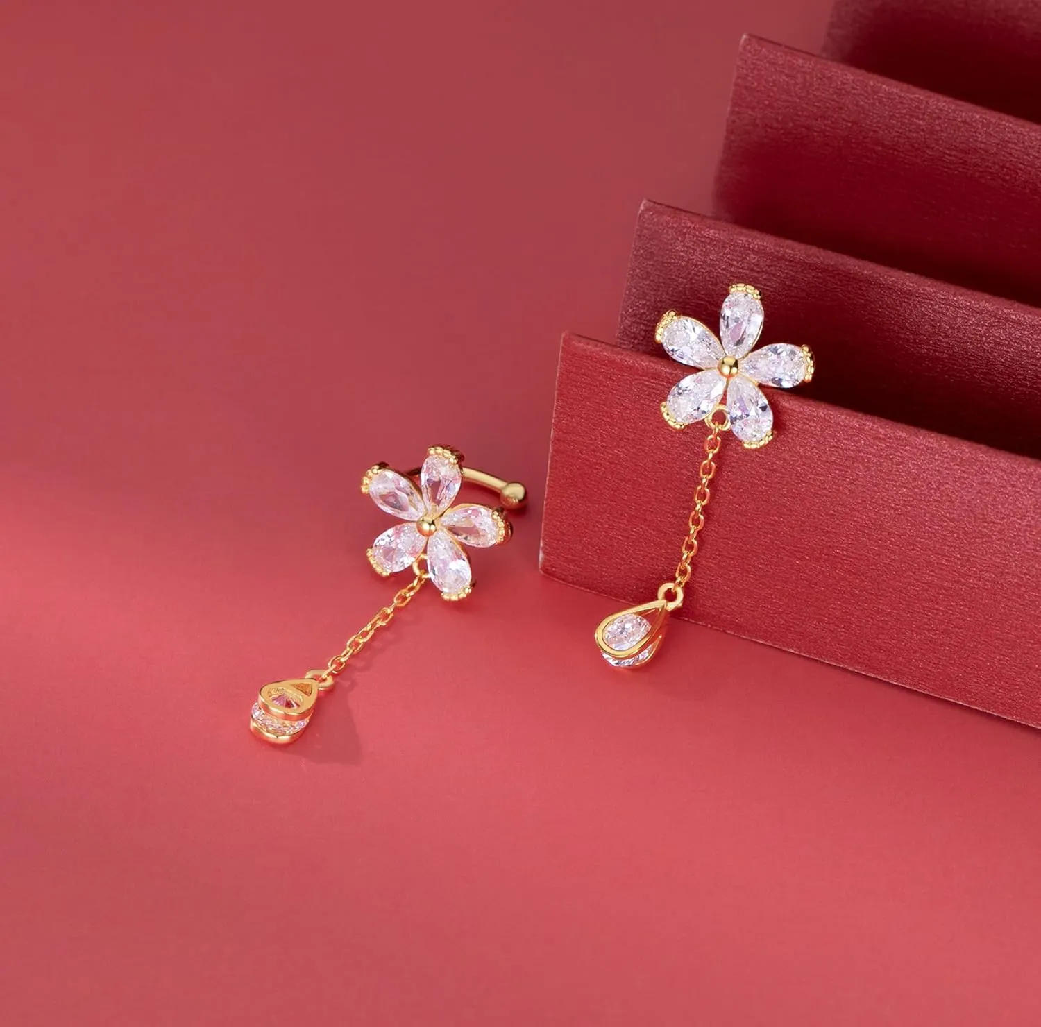 Reffeer Solid 925 Sterling Silver CZ Flower Cuff Earrings for Women Teens Flower Wrap Earrings Droplet Chain Earrings Cartilage Helix Earrings