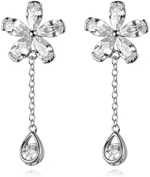 Reffeer Solid 925 Sterling Silver CZ Flower Cuff Earrings for Women Teens Flower Wrap Earrings Droplet Chain Earrings Cartilage Helix Earrings
