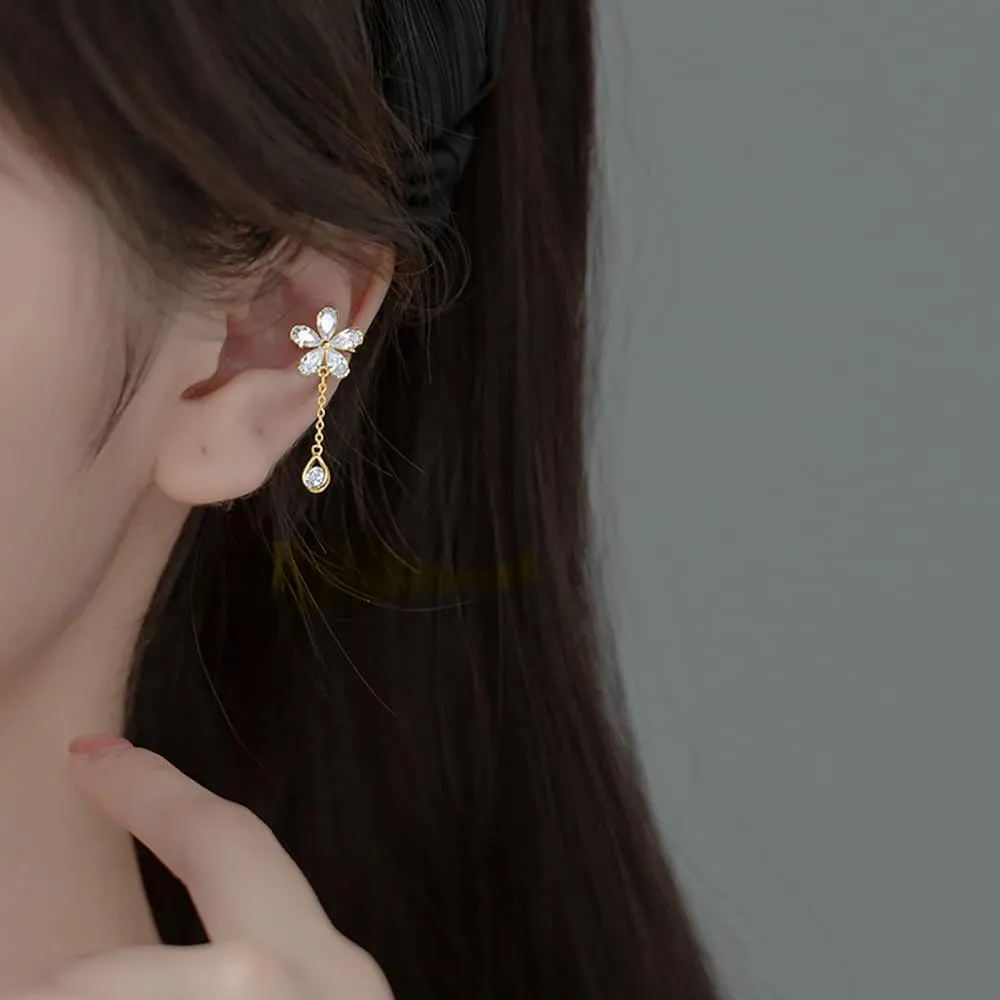 Reffeer Solid 925 Sterling Silver CZ Flower Cuff Earrings for Women Teens Flower Wrap Earrings Droplet Chain Earrings Cartilage Helix Earrings