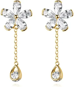 Reffeer Solid 925 Sterling Silver CZ Flower Cuff Earrings for Women Teens Flower Wrap Earrings Droplet Chain Earrings Cartilage Helix Earrings