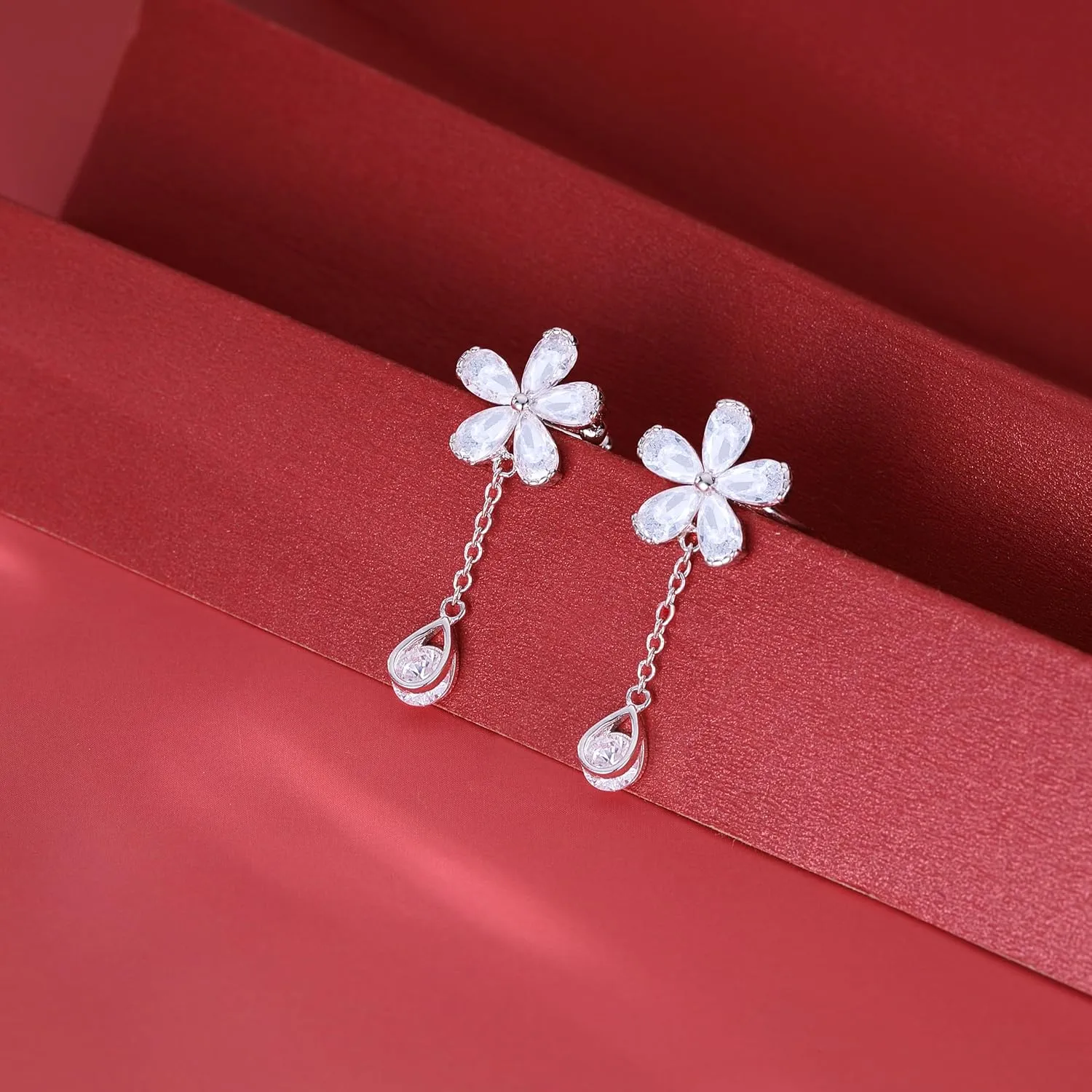 Reffeer Solid 925 Sterling Silver CZ Flower Cuff Earrings for Women Teens Flower Wrap Earrings Droplet Chain Earrings Cartilage Helix Earrings
