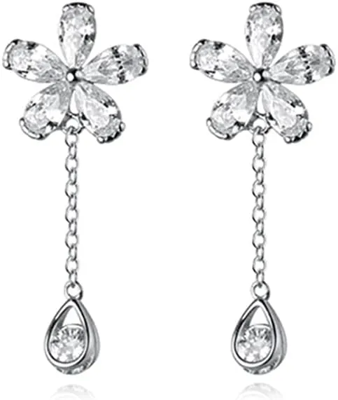 Reffeer Solid 925 Sterling Silver CZ Flower Cuff Earrings for Women Teens Flower Wrap Earrings Droplet Chain Earrings Cartilage Helix Earrings