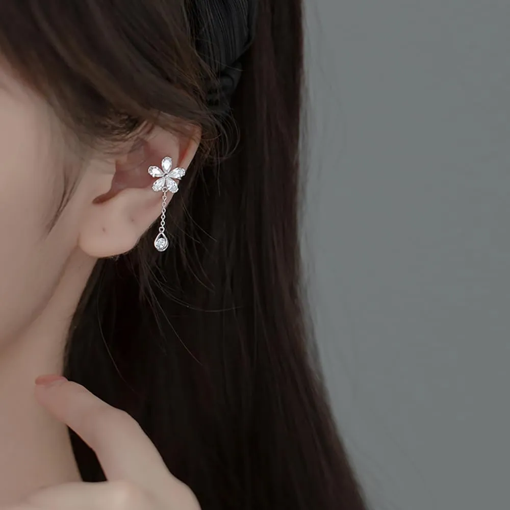 Reffeer Solid 925 Sterling Silver CZ Flower Cuff Earrings for Women Teens Flower Wrap Earrings Droplet Chain Earrings Cartilage Helix Earrings