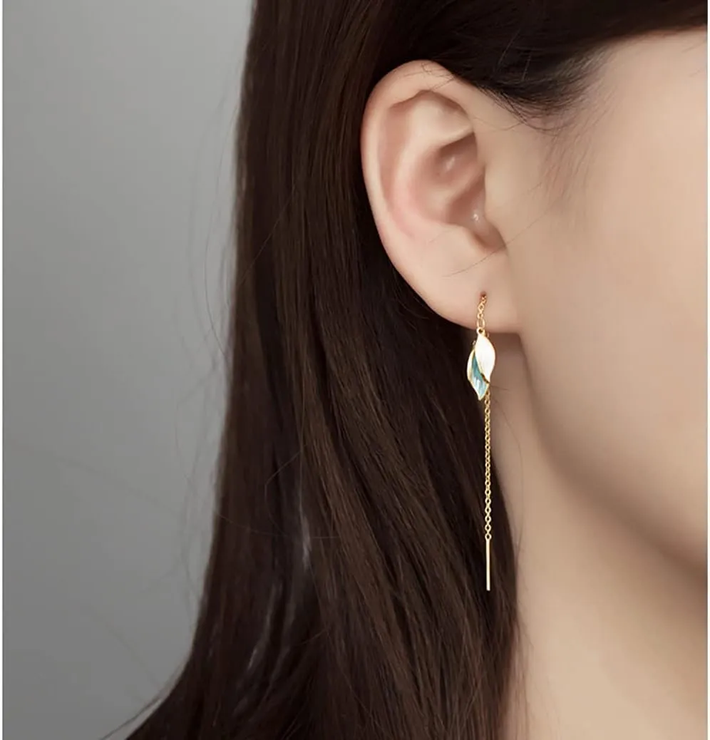 Reffeer Solid 925 Sterling Silver Leaf Chain Dangle Earrings for Women Teens Leaf Dangle Drop Earrings Threader Tassel