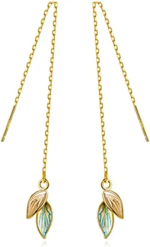 Reffeer Solid 925 Sterling Silver Leaf Chain Dangle Earrings for Women Teens Leaf Dangle Drop Earrings Threader Tassel