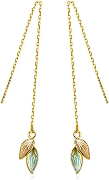 Reffeer Solid 925 Sterling Silver Leaf Chain Dangle Earrings for Women Teens Leaf Dangle Drop Earrings Threader Tassel
