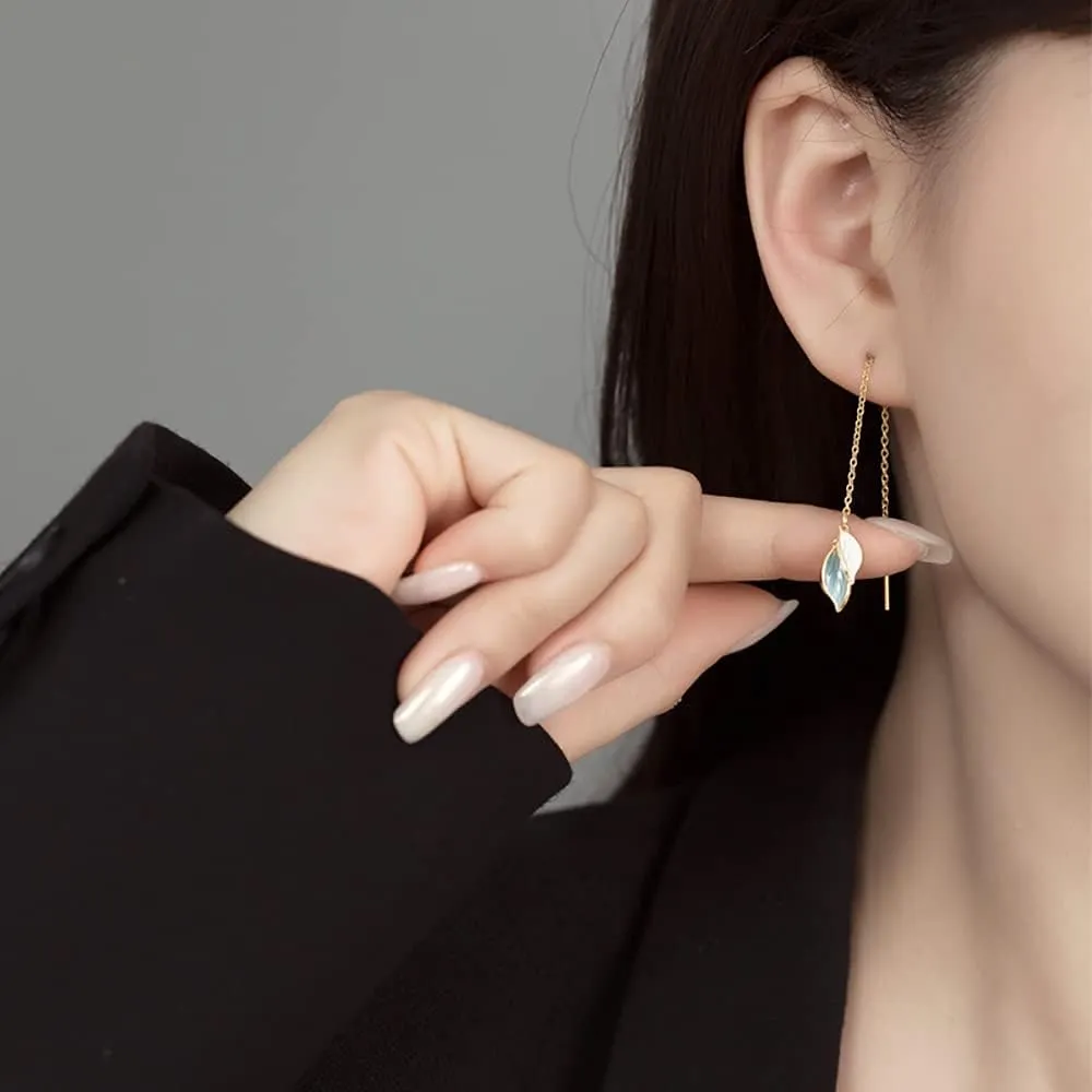 Reffeer Solid 925 Sterling Silver Leaf Chain Dangle Earrings for Women Teens Leaf Dangle Drop Earrings Threader Tassel