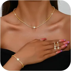 Rhinestone Bridal Wedding Jewelry Set for Women,Dainty Sparkly Crystal Statement Choker Necklace Earrings Bracelet Set Bridal Wedding Prom Jewelry Accessories
