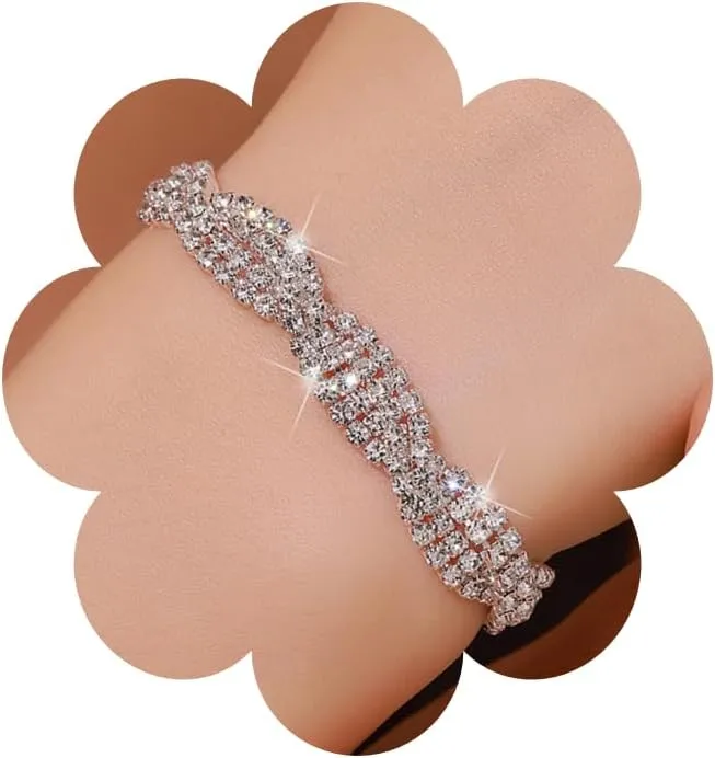 Rhinestone Link Bangle Bracelets for Women Wrap Crystal Chain Tennis Bracelet Bridal Wedding Party Costume Jewelry