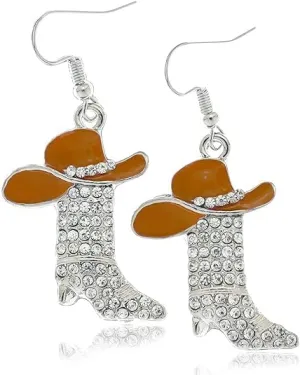 Rhinestone Western Cowboy Earrings Hypoallergenic Cute Alloy Drop Oil Set Diamond Western Cowboy Hat Boots Pendant Earrings Jewelry For Women