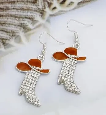 Rhinestone Western Cowboy Earrings Hypoallergenic Cute Alloy Drop Oil Set Diamond Western Cowboy Hat Boots Pendant Earrings Jewelry For Women