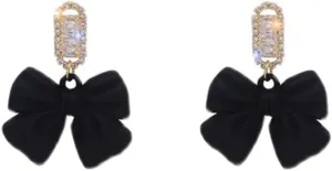 Ribbon Bow Dangle Earrings Rhinestone Matte Black Red Vintage Earrings Bow Tie Sparkly Party Sweet Wedding Bride Earrings