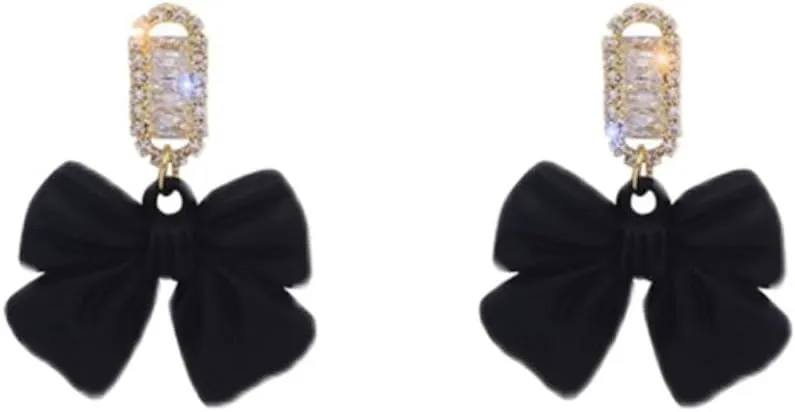 Ribbon Bow Dangle Earrings Rhinestone Matte Black Red Vintage Earrings Bow Tie Sparkly Party Sweet Wedding Bride Earrings