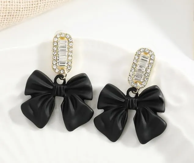 Ribbon Bow Dangle Earrings Rhinestone Matte Black Red Vintage Earrings Bow Tie Sparkly Party Sweet Wedding Bride Earrings